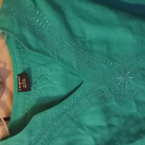 🎆2/$20 NWOT TRIBAL Semi-sheer Split V Neck Linen/ cotton Blouse Tunic - Picture 2 of 7